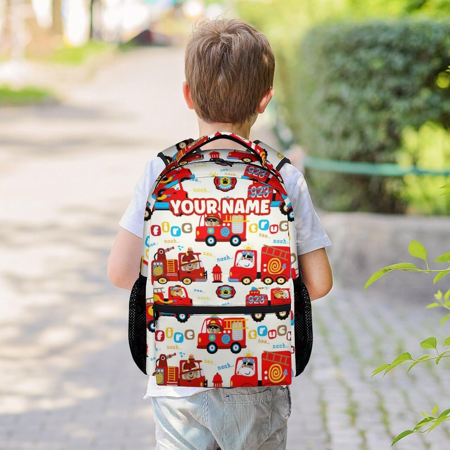 Personalized Fire Truck School Backpack for Boys, 16 Inch White Backpacks for Kids Age 8-10, Cute Lightweight Bookbag for Travel