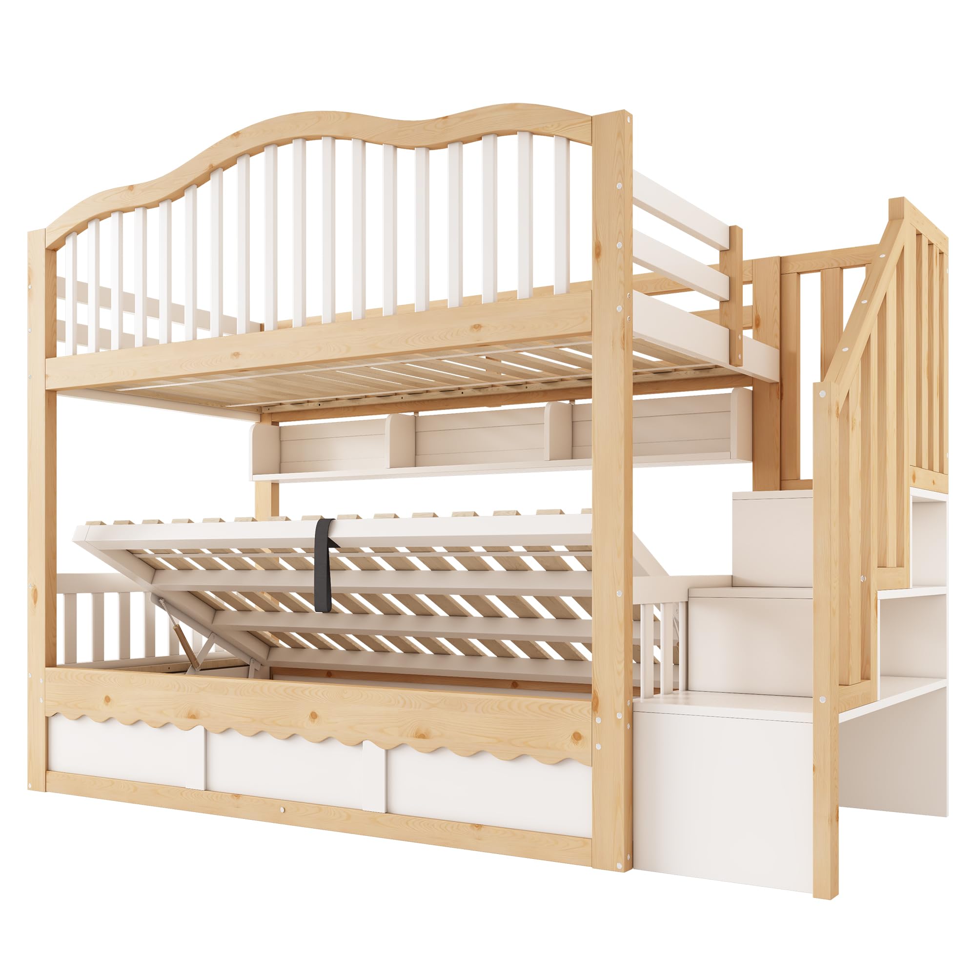 90 x 200 cm Litera para niños con espacio de almacenamiento hidráulico – Cama alta de madera con escalera de seguridad y estante, protección anticaídas, certificado EN 747-1:2024, blanco y roble