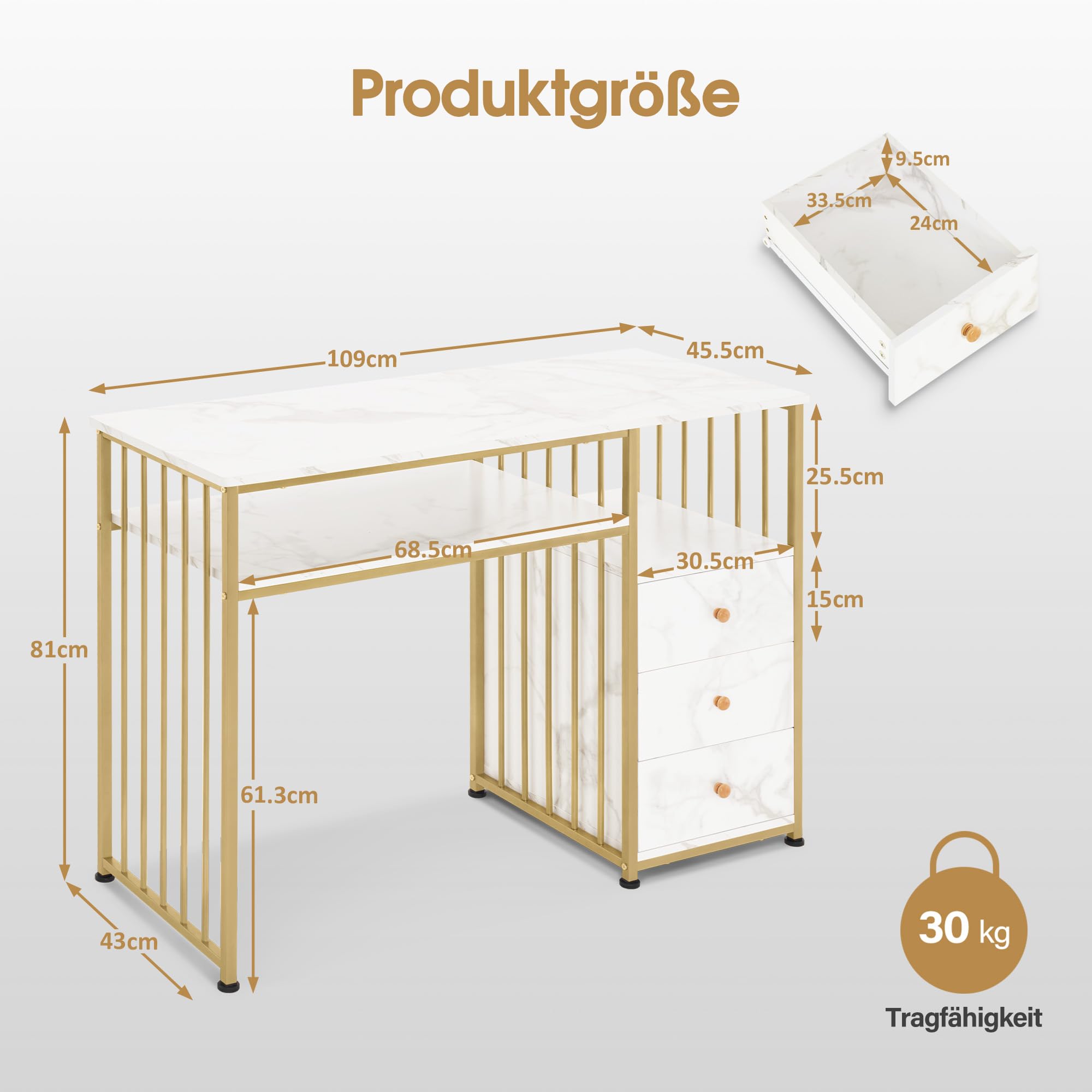 Barberpub Manikürtisch mit 3 Schubladen & 2 Ablagen, Nageltisch aus Holz Metallgestell, Nagelstudio Tisch für Beautysalon, Marmor-Weiß Gold, 45,5x109x81cm, 2407