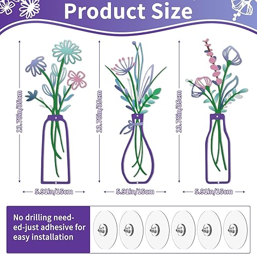 Miniatura 5 de SHOUNAJIA 3 piezas de decoración de pared de flores de metal, arte rústico de pared de granja, arte floral de metal para baño, dormitorio, sala de