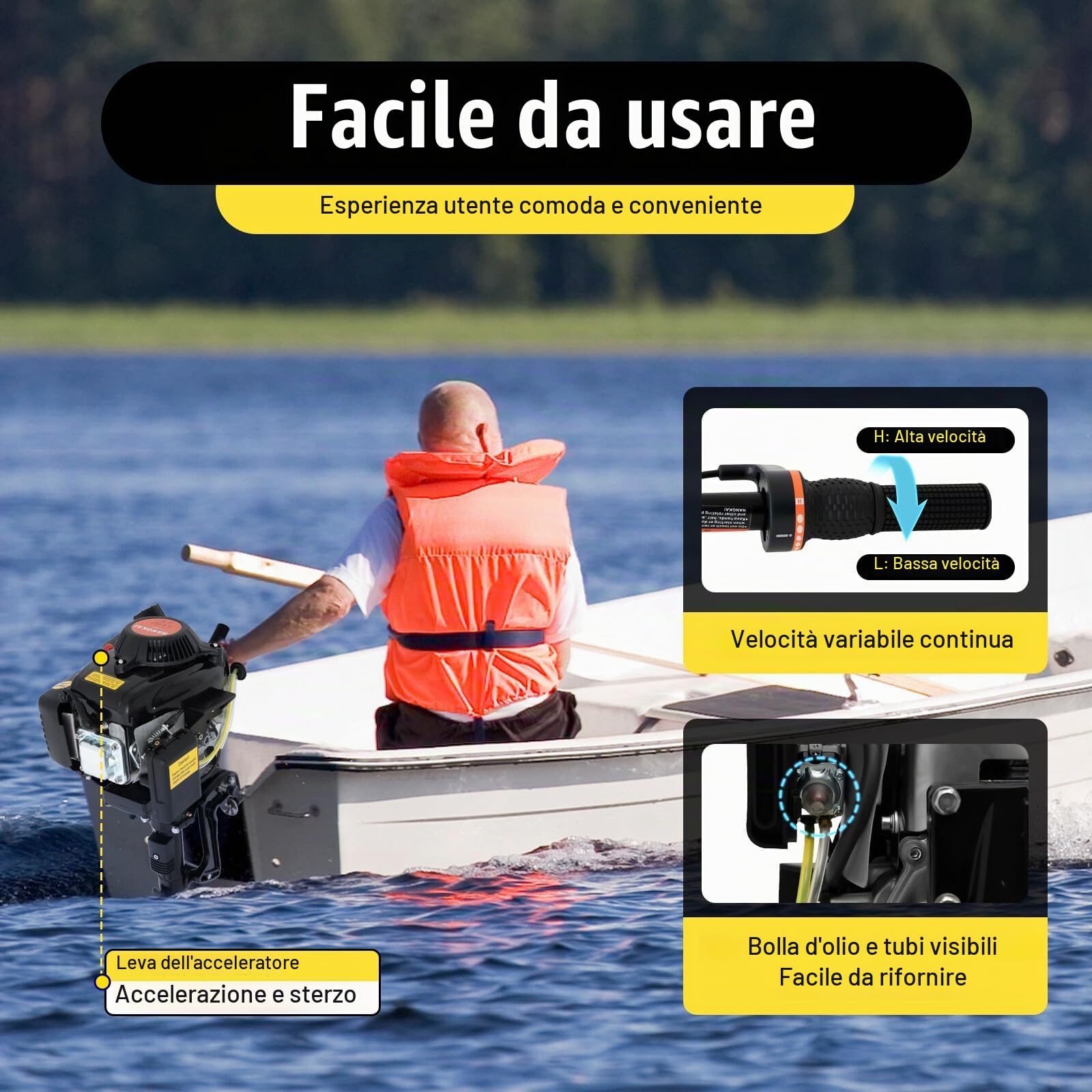 Motore Fuoribordo 4 Tempi 4CV | Albero 40cm | Avvio Manuale | Raffreddamento ad Aria, CDI, 55cc, per gommoni e barche fino a 600 kg, motore gommone