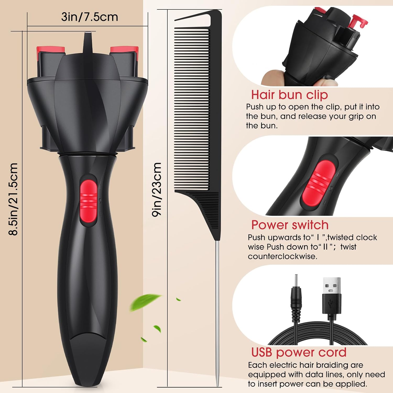 Gisafai 4 Pcs Automatic Hair Braider and Rat Tail Combs Set Auto Hair Twister Automatic Hair Braiding Machine DIY Hair Styling Tools for Women Girls, Black