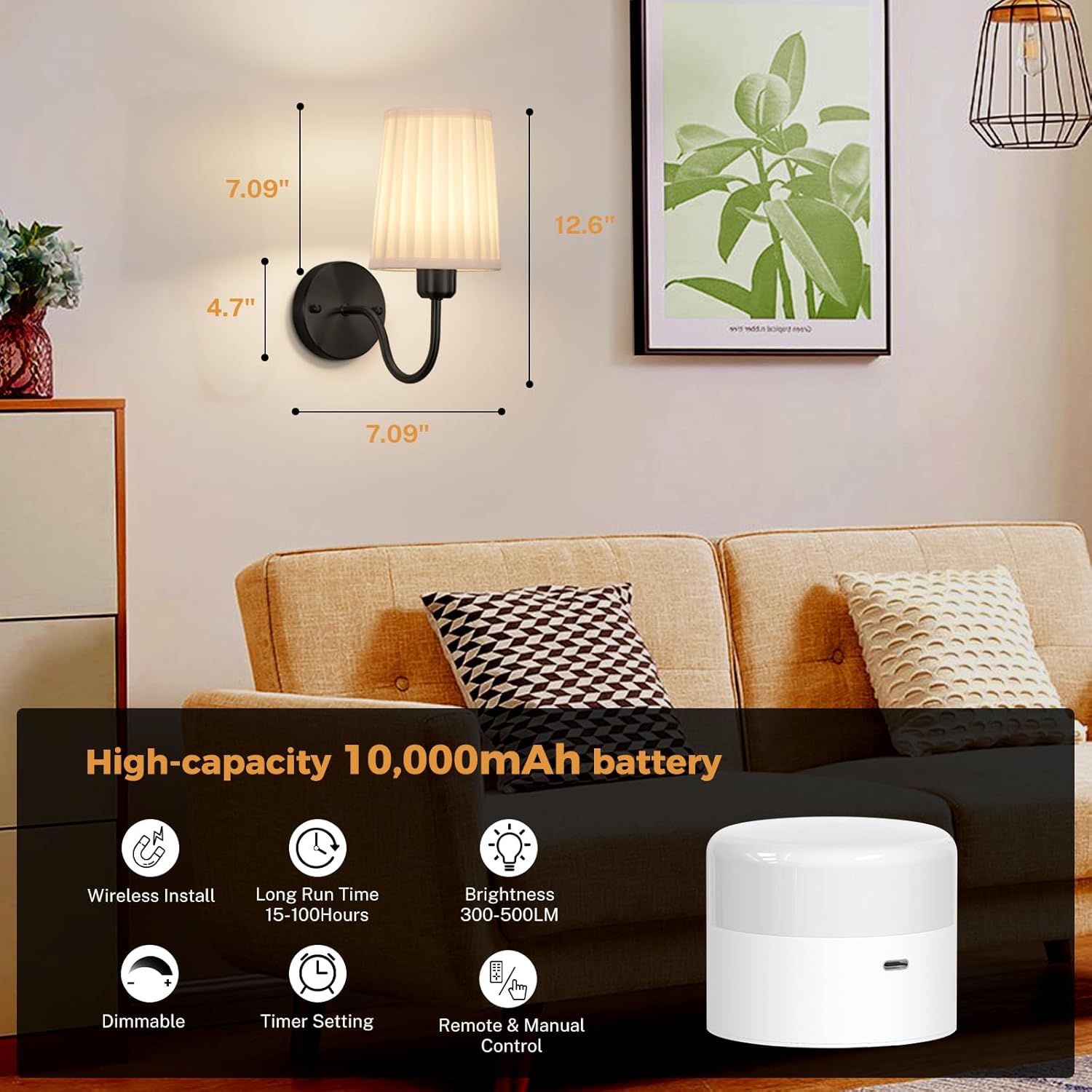 Battery Operated Wall Sconce Set of 2, Rechargeable Wall Sconces with 10000mAh Dimming Magnetic Bulb, Wireless Battery Powered Wall Lights with Pleated for Bedroom Living Room Gallery Hallway,Black
