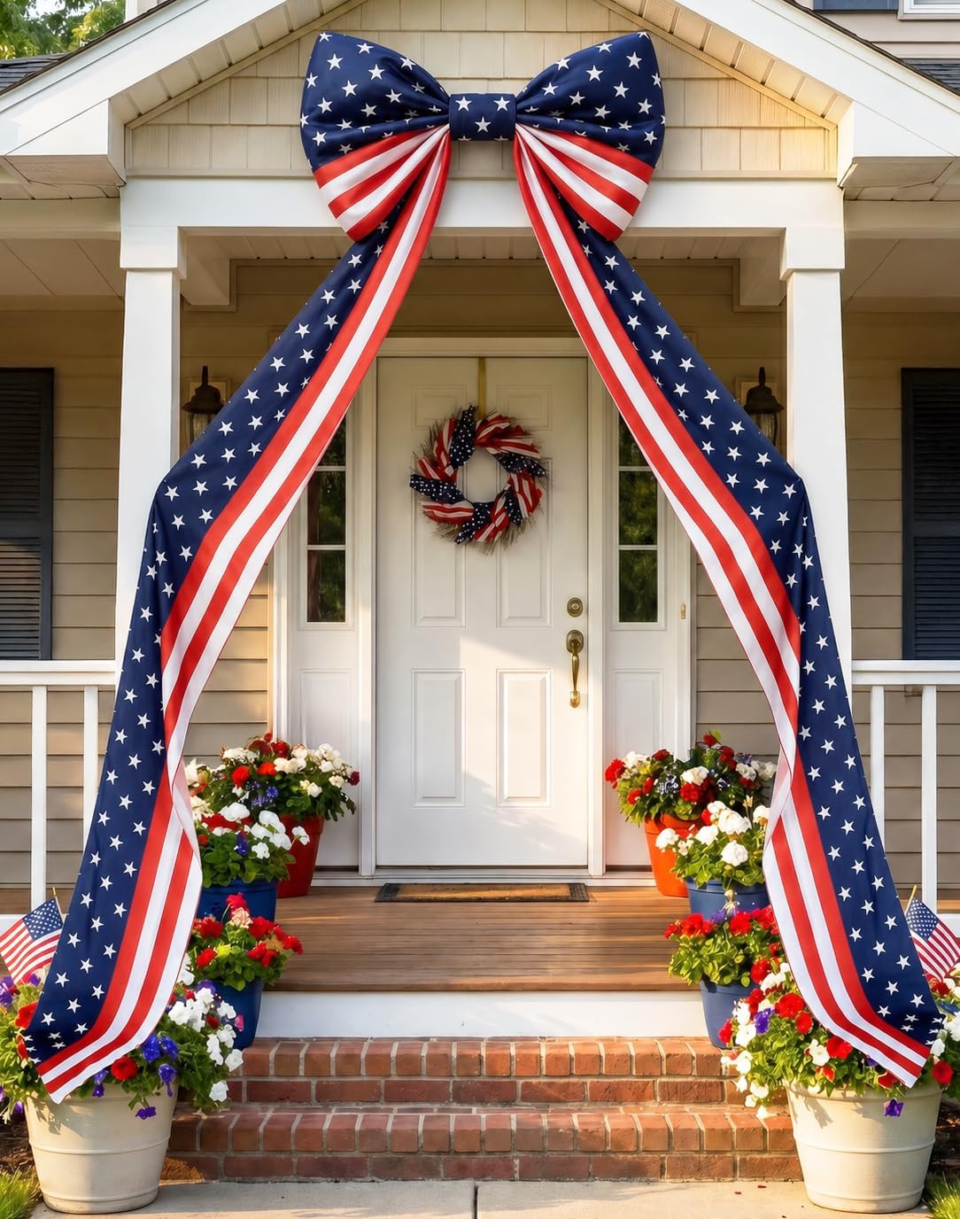 UQJE Giant Patriotic Door Bow, 19.7 x 114.2 Inch Red White Blue Stars and Stripes 4th of July Front Door Porch Decor
