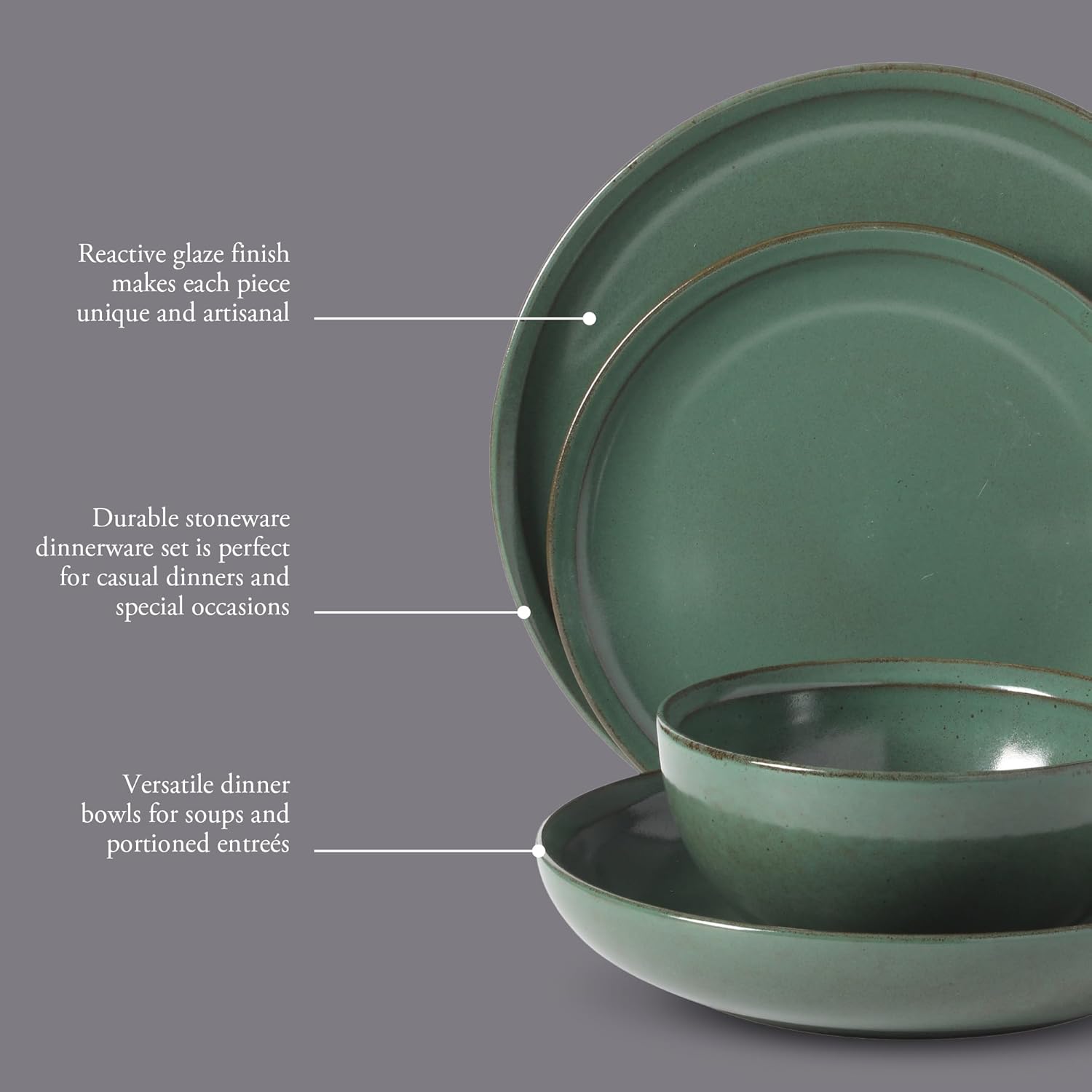 Gibson Elite Beckett Stoneware Matte Reactive Glaze 16 Piece (Service for 4) Plates and Bowls Dinnerware Set - Green - Image 3