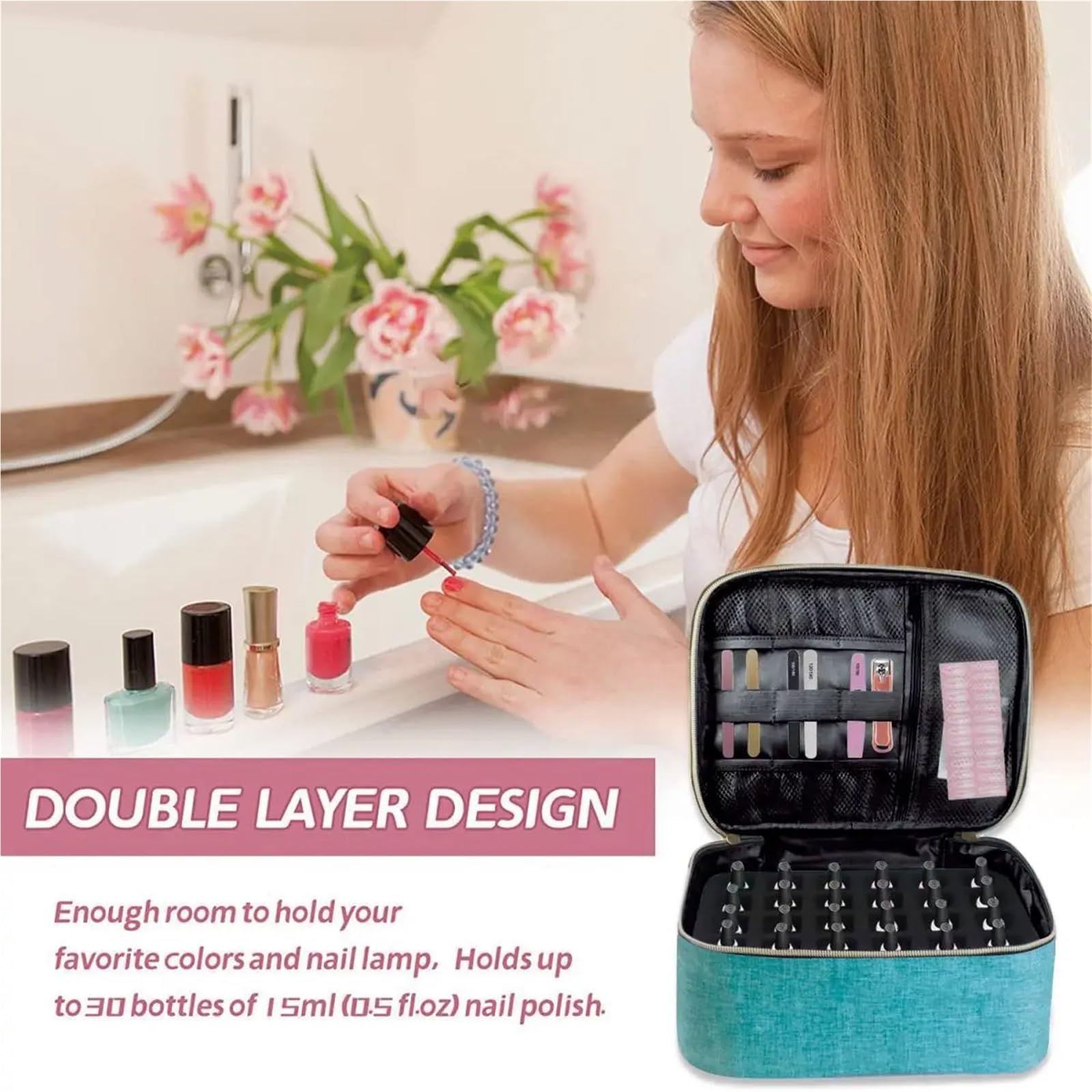 Organizador de esmalte uñas, bolsa mano organizadora cosméticos doble capa for niñas y mujeres, arte, aceite esencial, juego para Almacenar Herramientas(Black)