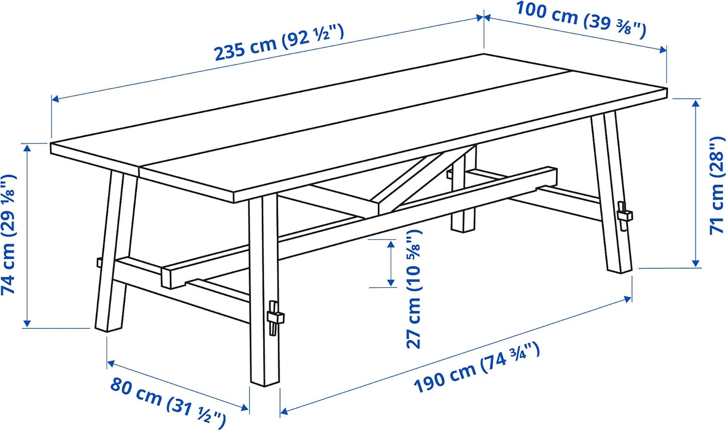 Diagram showing the dimensions of the IKEA SKOGSTA Dining Table.