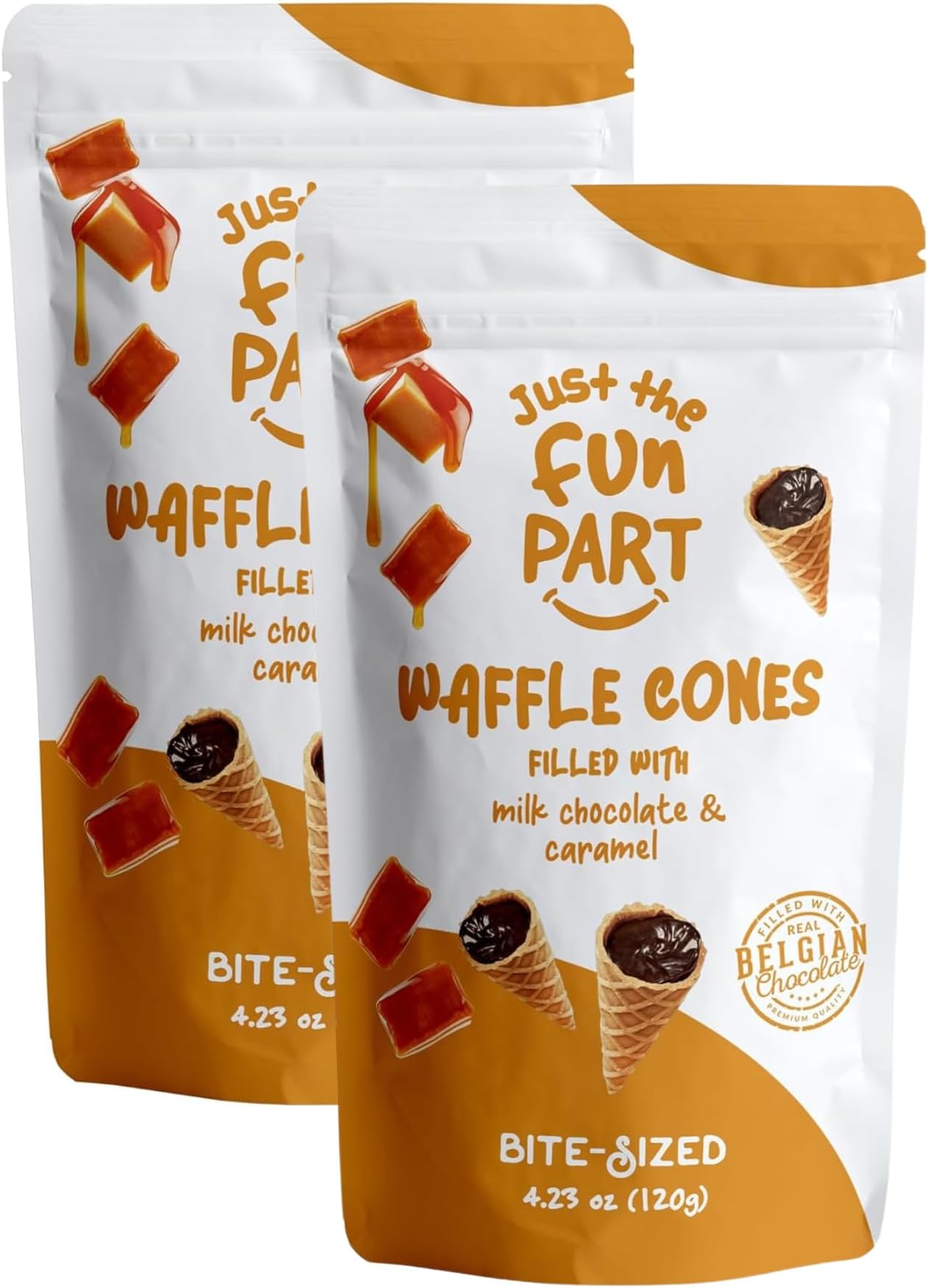 Bite-Size Crispy Mini Waffle Cones | Filled With Premium Belgian Chocolate | Great For Snacks, Desserts, Grab & Go | Kosher | 4.23 Ounce (Pack of 2, Caramel, Milk Chocolate)