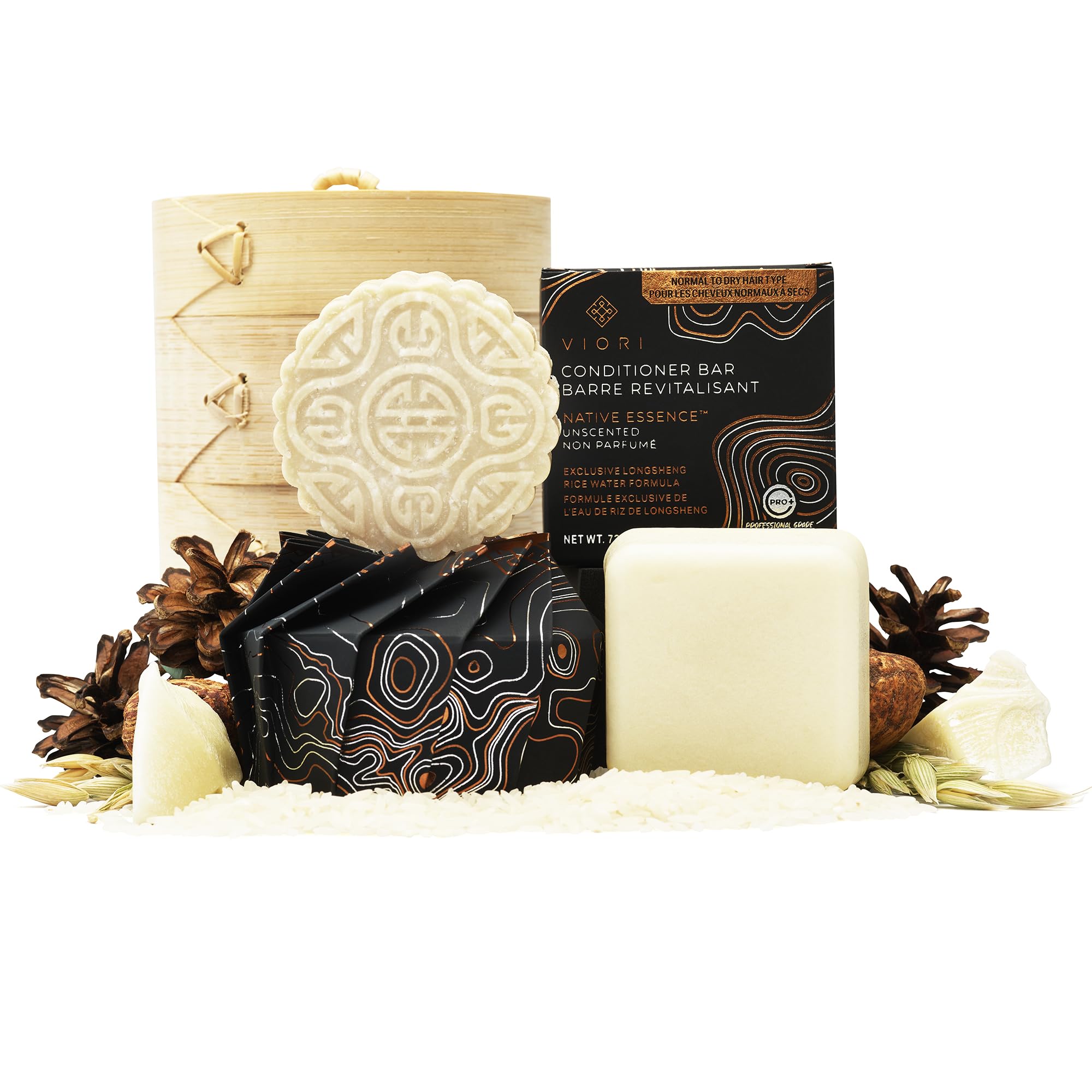 Viori Native Essence Shampoo and Conditioner Bar Set and Bamboo Holder - Made with Rice Water for Hair Growth - Handcrafted Sulfate Free Shampoo and Conditioner