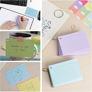 Vakki 6 Pack 600 Pcs Revision Cards, Flashcards for Revision Index Cards Ruled Multicolor Kraft Paper Notecards Cue with 6 Metal Binder Rings for Office School Home Study Record