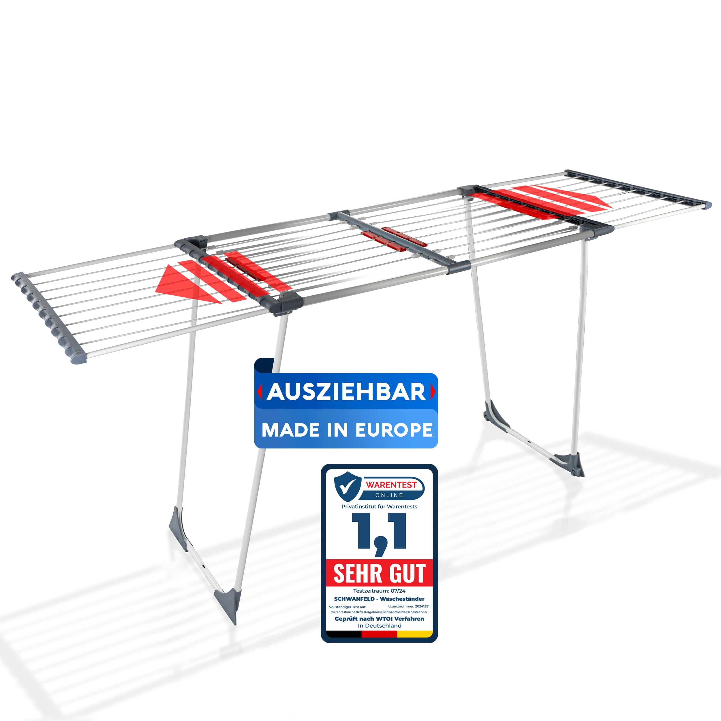 SCHWANFELD® Wäscheständer ausziehbar [20M TROCKENLÄNGE] - wäscheständer hoch - Premium Wäschetrockner Ständer - Faltbarer Wäsche Ständer XXL - ausziehbarer wäscheständer - Standtrockner rutschfest