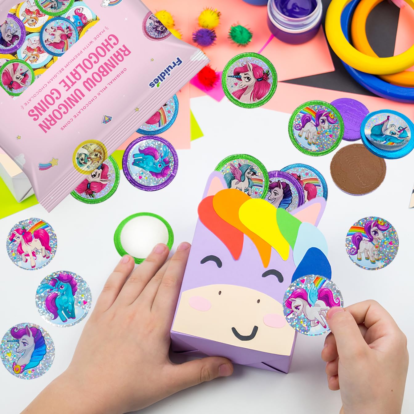 Fruidles Rainbow Unicorn Chocolate Coins with Stickers, Milk Chocolate Coins in Foil, Chocolates for Kids, Oud Kosher (2-Pack)