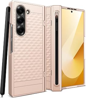 Miimall Kompatibel mit Samsung Galaxy Z Fold 6 Hülle mit S-Pen Holder, [Displayschutz+Scharnierschutz] [Non-Slip Textur] Slim PC Stoßfest Scharnierschutz Hülle für Galaxy Fold 6 2024-Gold