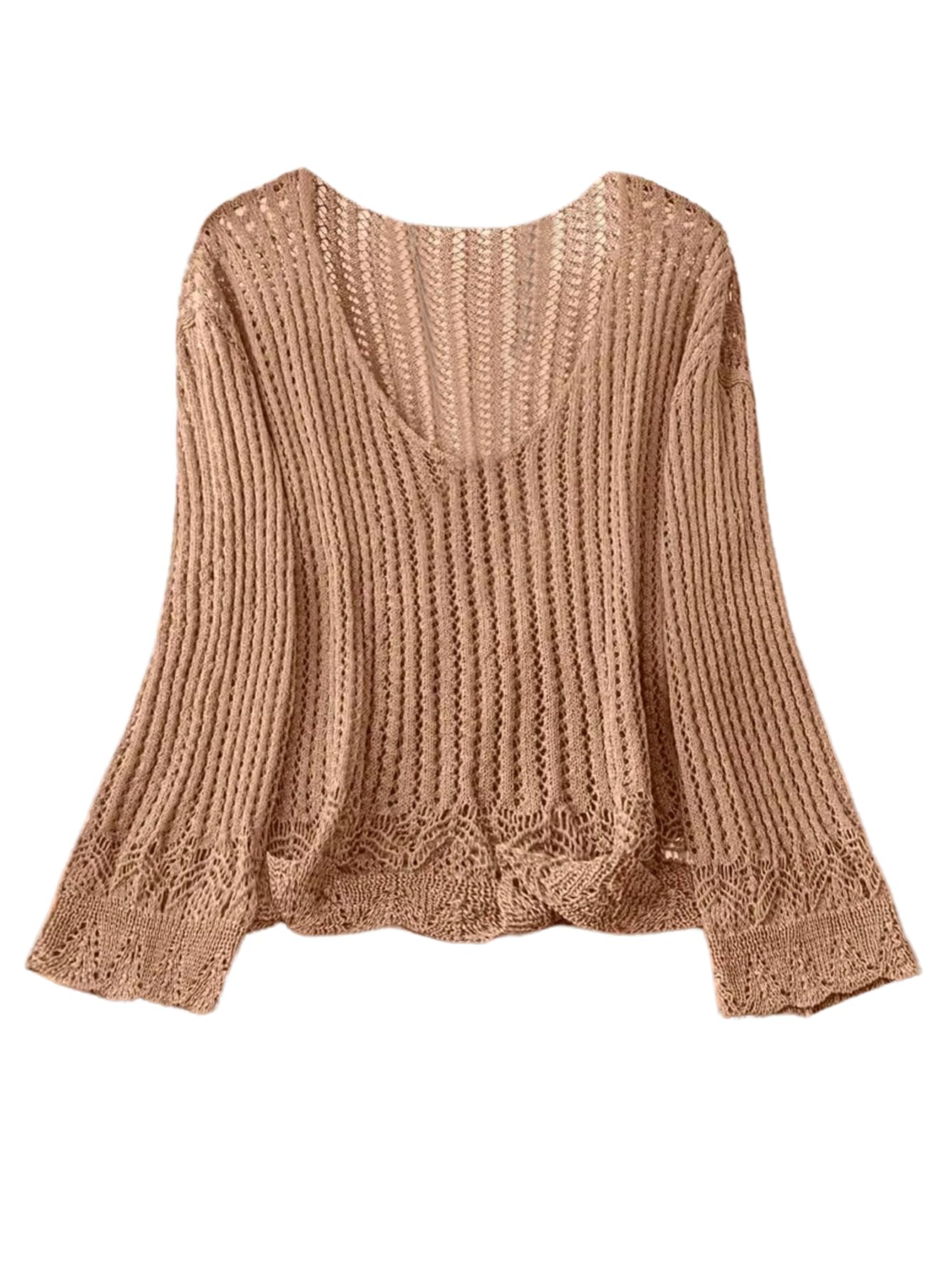 SHENHE Womens Fall V Neck Sweater Crochet Hollow Out Lightweight Casual Sweater Jumper