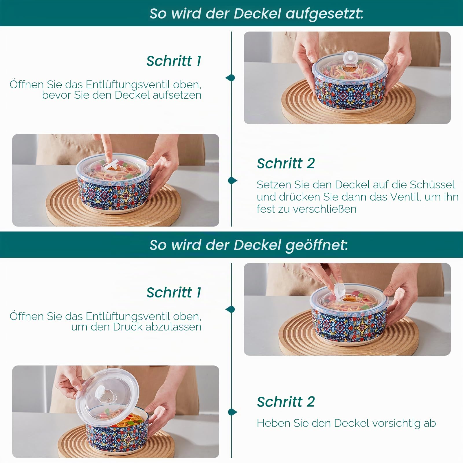 vancasso Suppenschüssel Set 4er, SIMI Salatschüssel mit Deckel, Keramikschüssel mit Deckel, Suppenschalen, Müslischale für Mittagessen, Picknick, Küche, Servierschalen
