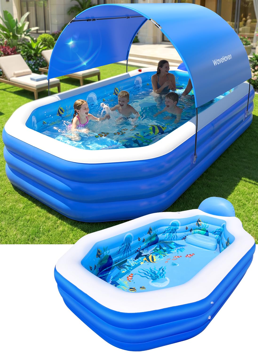Photo 1 of 2026 Inflatable Pool with Canopy, Large Inflatable Pool for Kids,Adults, Blow Up Pools with Seats,Oversize Thickened 118"x75"x22"Inflatable Swimming Pools, Kids Pool for Backyard,Ocean Theme