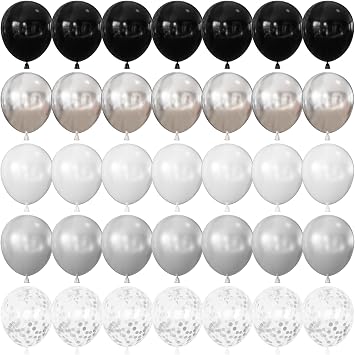 Black and Silver Balloons, 50Pcs Black White and Silver Balloons Glitter Confetti Latex Balloon for Birthday, Wedding, Anniversary & Graduation Party Decorations, 12 Inch