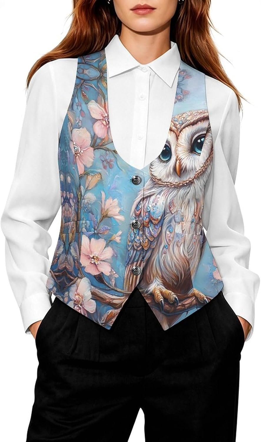 Magnificent Owl Women's Tuxedo Waistcoat Suit Vest | 3 Button V-Neck Slim Fit Casual Sleeveless Top