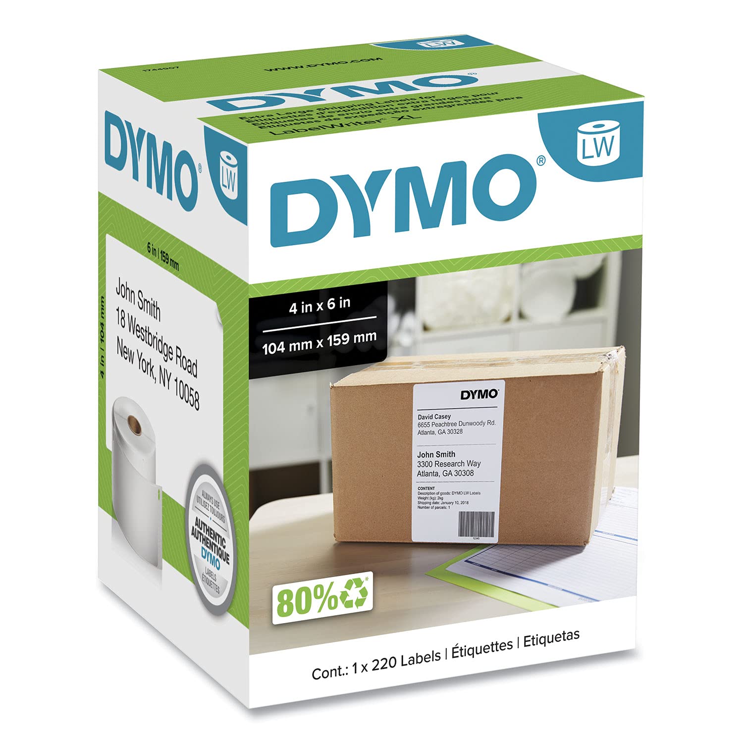 DYMOCorporation Products - Shipping Labels, Large, 4"x6", 220/RL, White - Sold as 1 RL - Roll of large shipping labels is designed for use with Dymo LabelWriter 4XL.