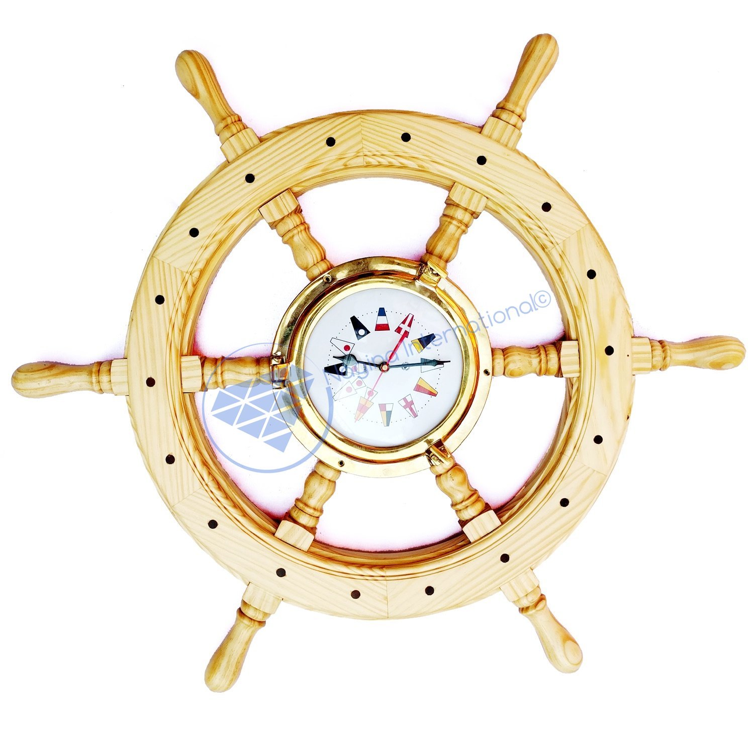Nagina International Ornamental Premium Wooden Ship Wheel With Heavy Brass Clock Flag Dialed Clock - Home Decor