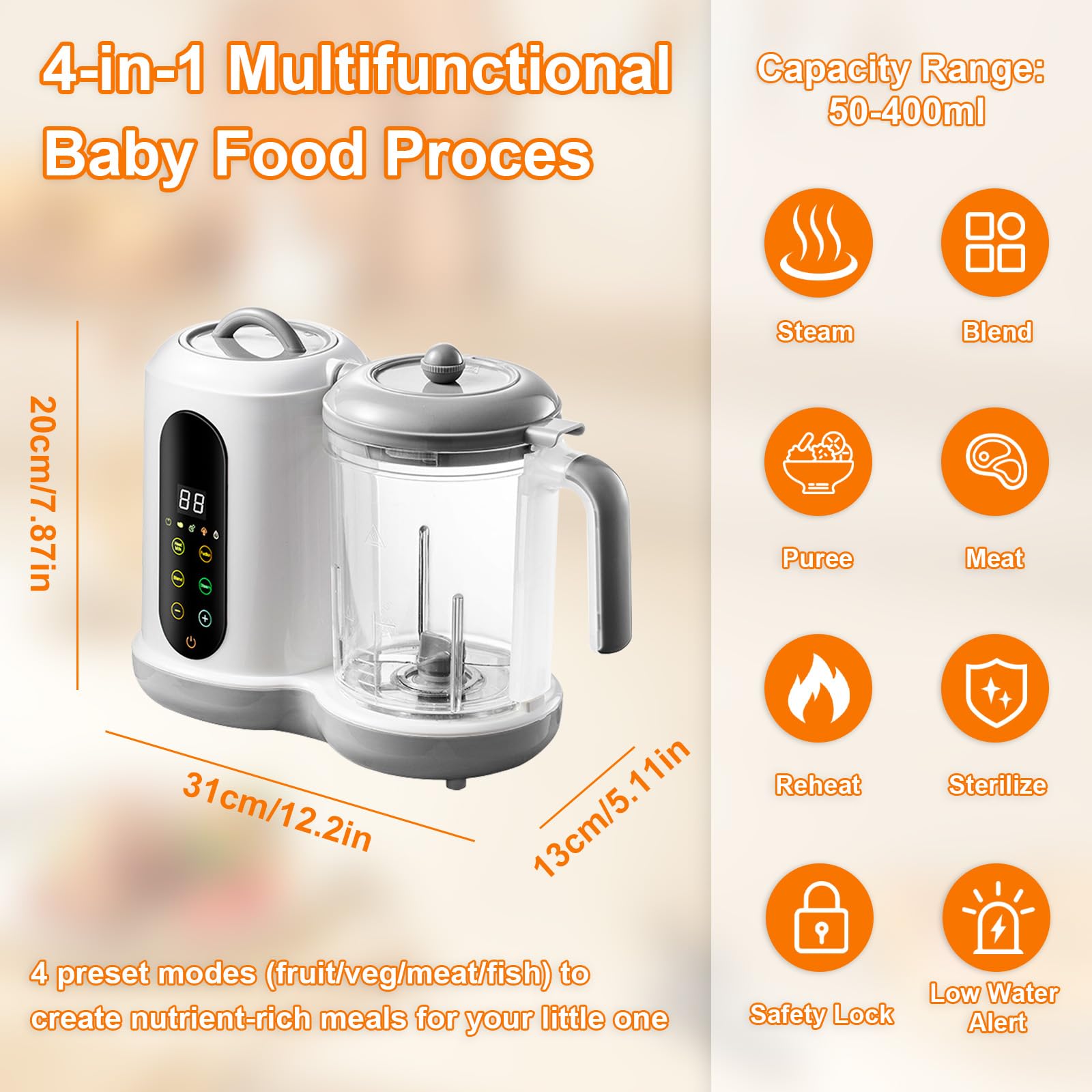 Máquina automática de alimentos para bebés 4 en 1, procesador de alimentos casero multifuncional de 450 W con vaporizador, licuadora de puré, 4 menús preestablecidos, control de pantalla