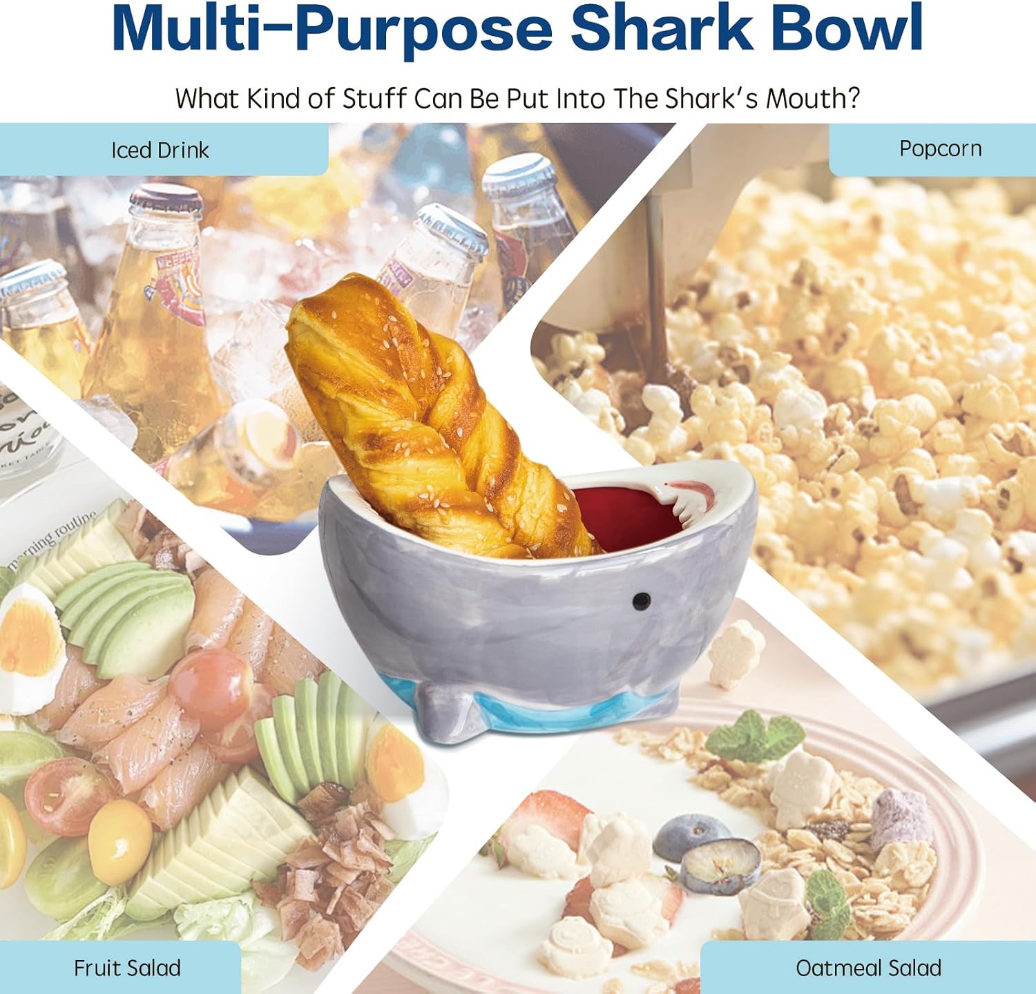 Djungelskog 40 oz Shark Bowl, Shark Attack Bowl, Shark Cereal Bowl, Large Storage Bowl - Party Holiday Decoration - Lead-Free - Food-Safe Materials - Microwave/Oven/Freezer/Dishwasher Safe (Gray)