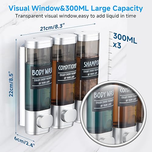 Miniatura 6 de Dispensador de champú y acondicionador, dispensador de ducha de 3 cámaras, sin taladro, dispensador de champú para ducha, dispensador de jabón de