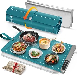 FYY Warming Mat for Food with Heat Resistant Pad, Prevent Countertop Cracks, Keep Meal Warm, Rapid and Full Surface Heating, 6 Temp Settings, 6H Timer, Rollable Portable Food Warmer Mat Dark Green