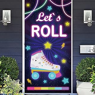 80s 90s Letâ€™s Roll Banner Backdrop Background Photo Booth Props Star Roller Skate Skating Throwback Hip Hop Retro Theme Decor for Girls 1980s 1990s Skate Club 1st Birthday Party Supplies Decorations