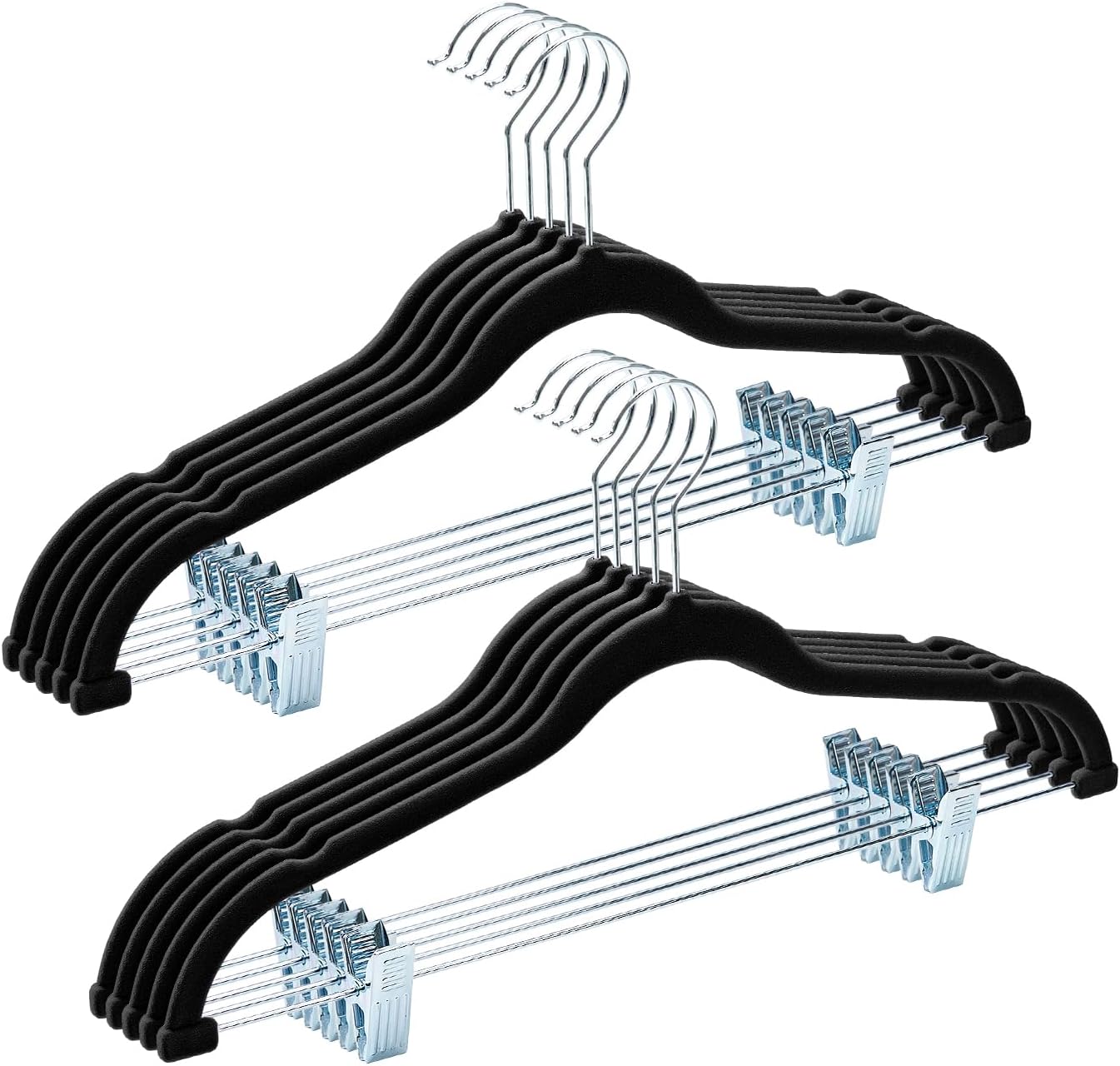 HOUSE DAY Velvet Hangers with Adjustable Clips 10 Pack, Non-Slip Suit Organizer with 360° Hook - Heavy Duty Hanger for Pants, Skirts, Blouses, Dresses - Outfit Hangers All-Season Space Saver (Black)