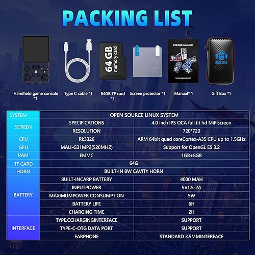 Miniatura 8 de R36MAX - Consola de juegos portátil retro de 4.0 pulgadas con 64GB de videojuegos clásicos incluidos, compatible con más de 30 simuladores, consola