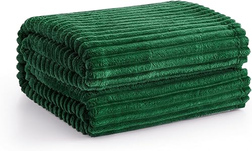 Vista 89 de Vessia Manta de franela de forro polar, 300GSM, acogedora manta a rayas verde salvia para sofá, cama y sofá, cálida y suave, acogedora manta