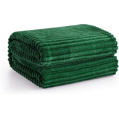Vessia Flannel Fleece Throw Blanket for Couch, Sofa, Bed, 300GSM 50x70inch Striped Dark Green Blanket for Adults and Kids, Super Soft Warm Cozy Lightweight Ribbed Throw for All-Season