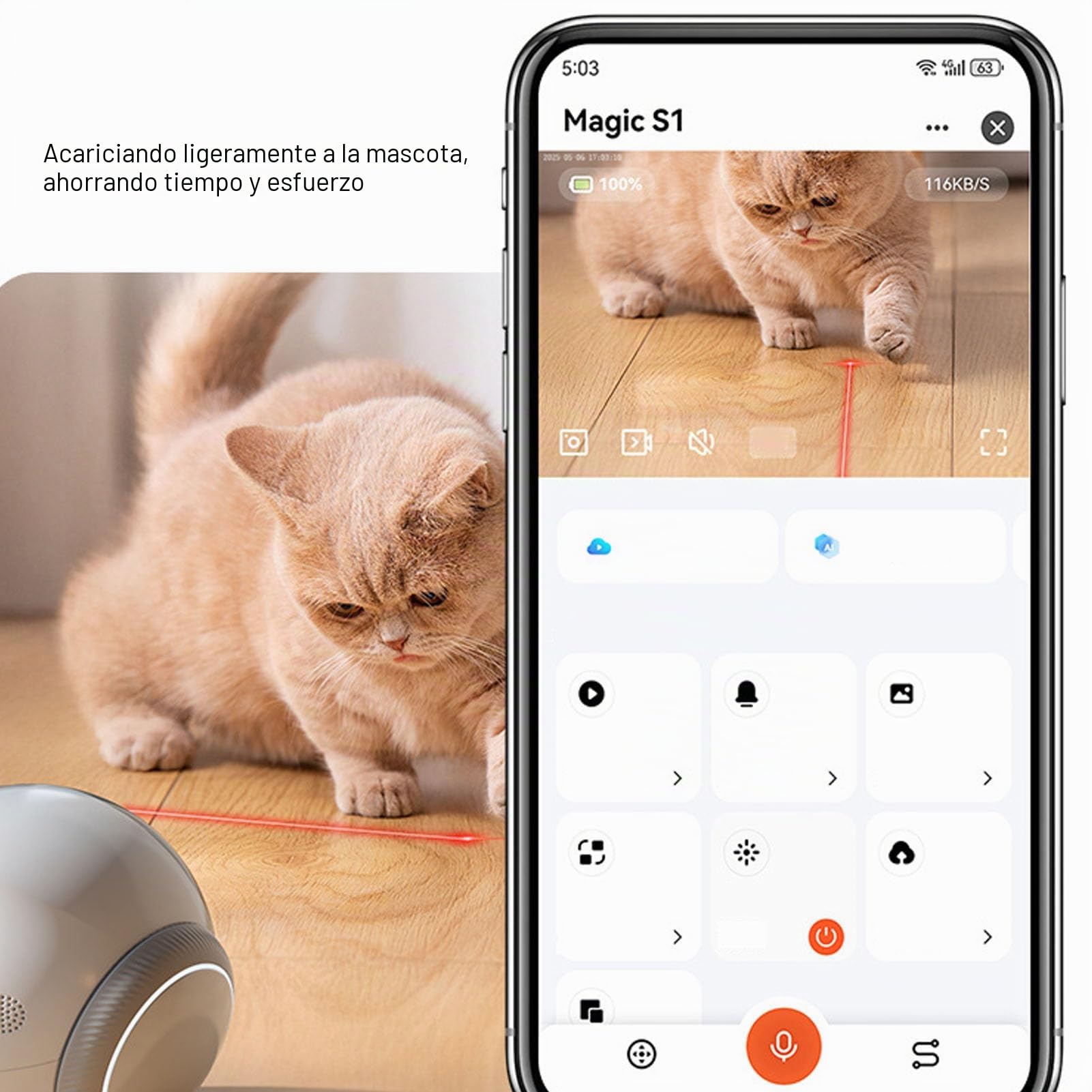 Robot Cámara Mascotas 1080P Móvil con Ruedas, Control Remoto App, Automático Batería Recargable para Perros Gatos Monitoreo En Vivo Visión Nocturna Envío de Notificaciones