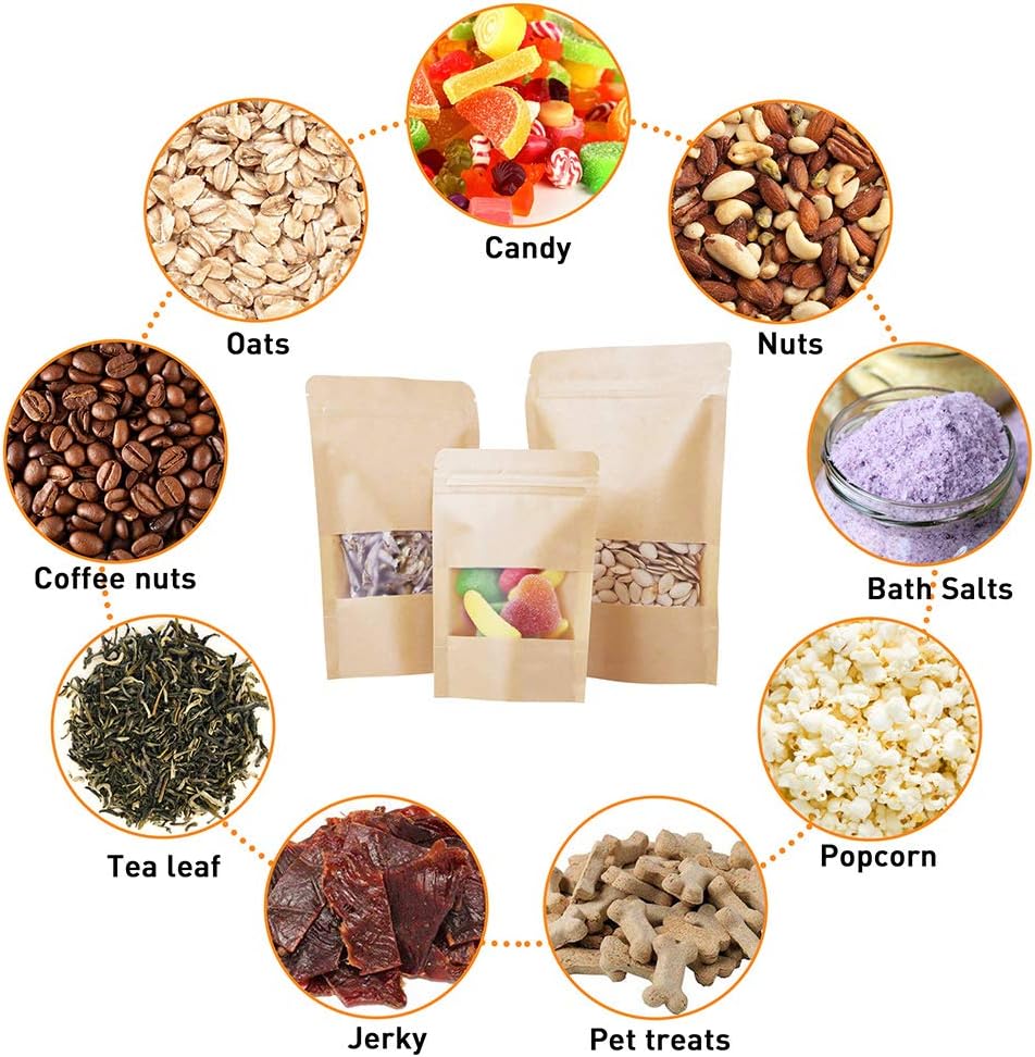 Kraft Stand Up bags 100 Pcs,Brown Resealable with Window for Home or Business,Coffee,Food Storage Sealable Bags for Packaging(7.1×10.2)