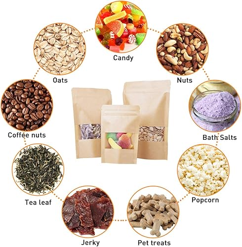 Miniatura 4 de LZLPACKING Bolsas de papel kraft de pie 100 unidades, bolsas resellables marrones con ventana para el hogar o negocios, café, bolsas