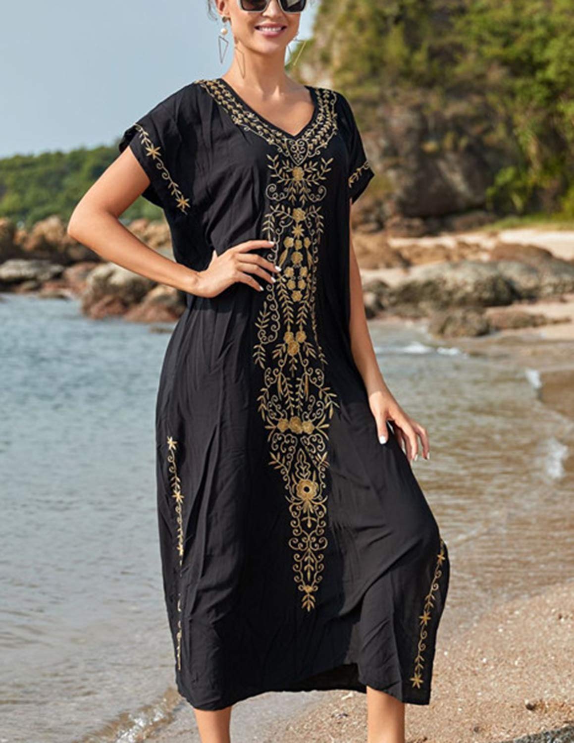 Donna Corta Manica Cover Up Caftano Floreale Ricamato Laterale Diviso Vestito da Spiaggia Abiti