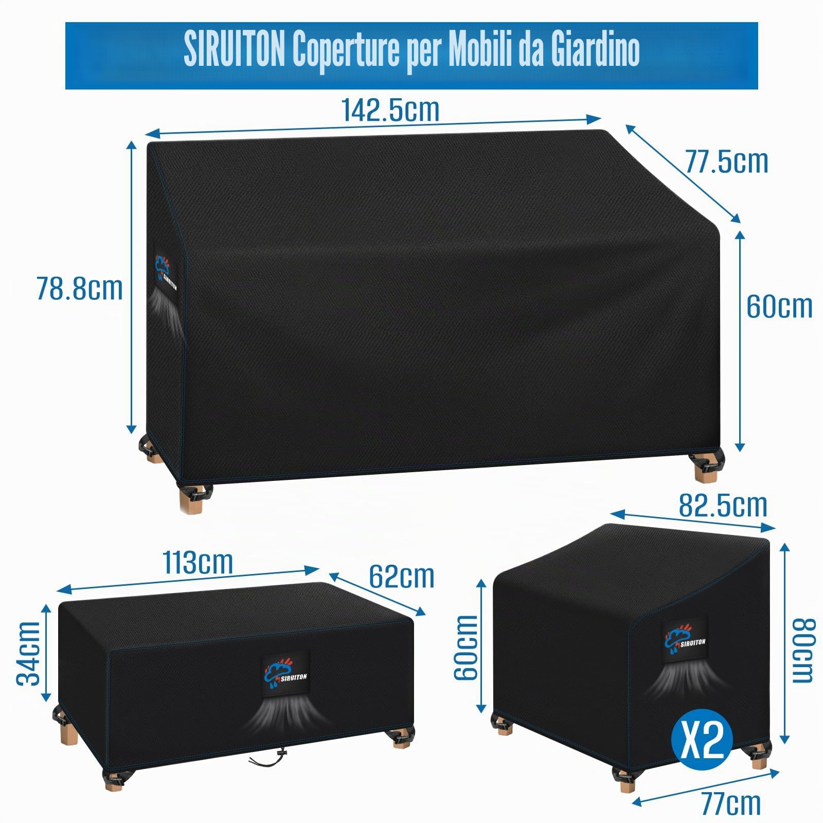SIRUITON Copertura per mobili da giardino 4 pezzi Veranda per esterni Set di coperture per mobili da giardino per patio Set di coperture per mobili da giardino per veranda esterna impermeabile Nero