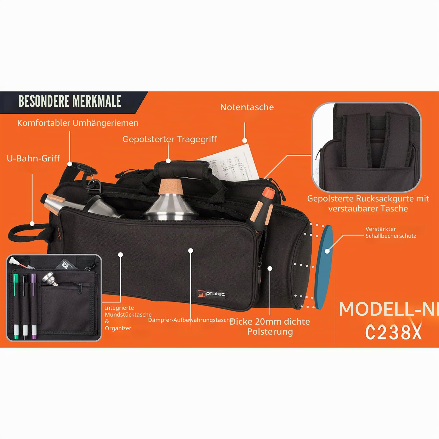 Protec Explorer Series Trompetentasche mit Notentasche (C238X)