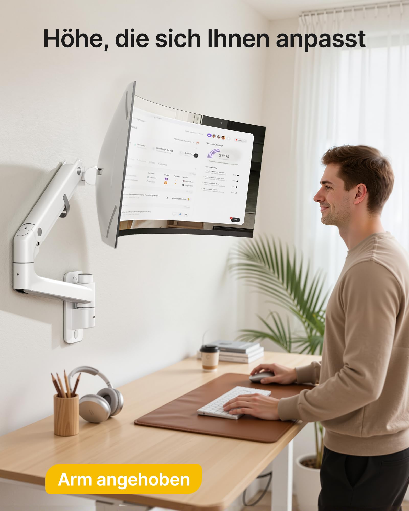 monTEK Supporto da parete per monitor da 17-57 pollici Ultrawide fino a 27 kg | Braccio per monitor con molla a gas, con piena mobilità e altezza regolabile, VESA 75 x 75/100 x 100, bianco