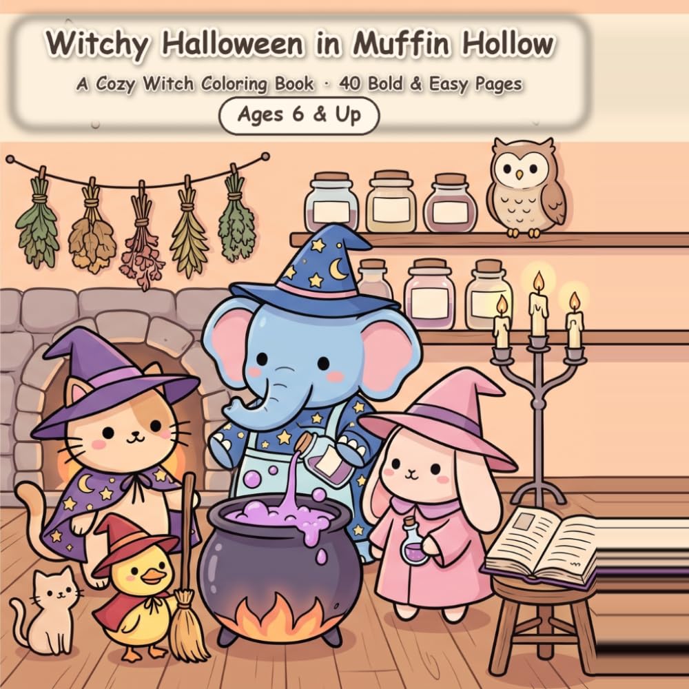 Witchy Halloween in Muffin Hollow: A Cozy Witch Coloring Book — 40 Bold & Easy Pages of Cute Witchy Animal Friends for Adults, Teens & Kids (Ages 6 & Up)