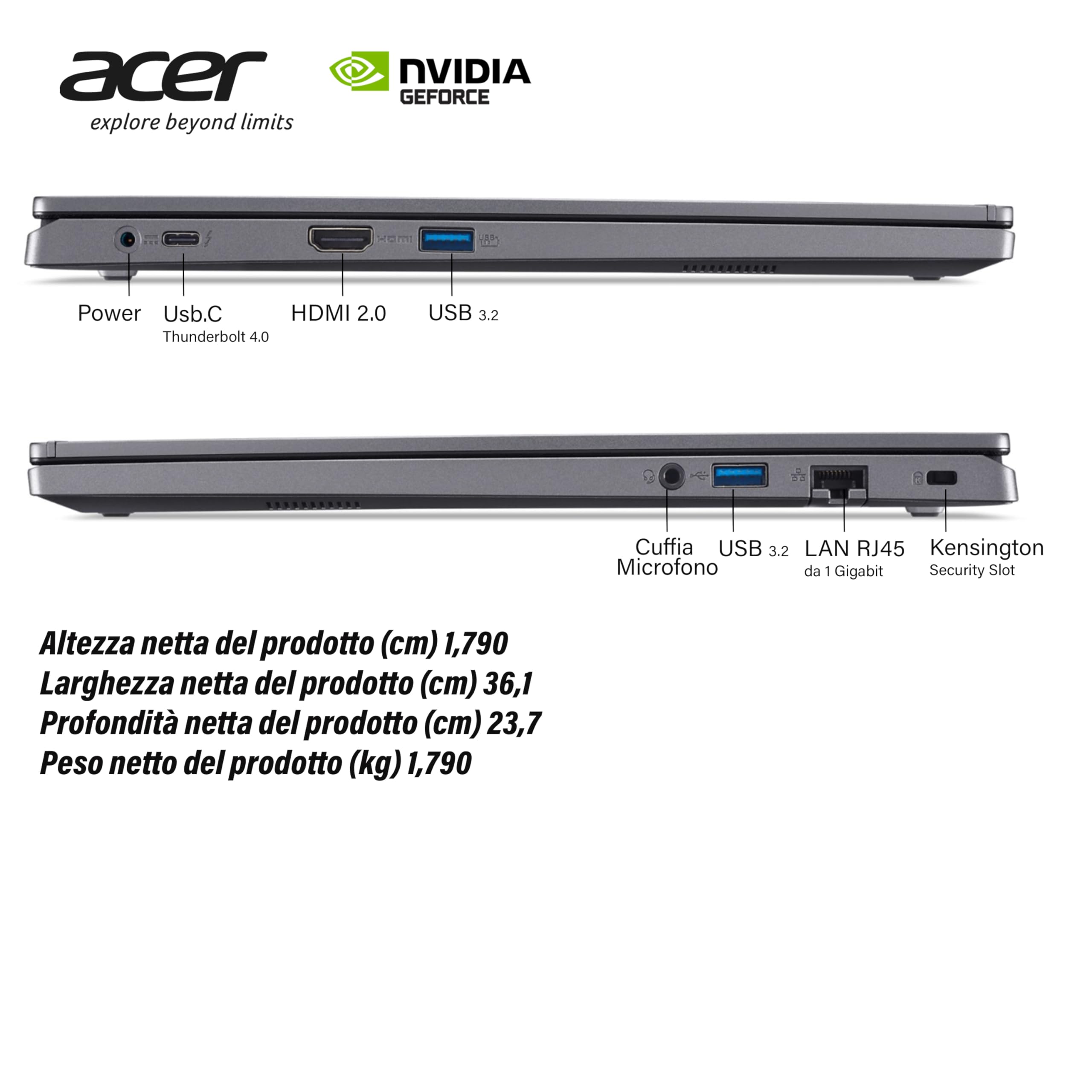 acer Notebook Intel Core i7-1355U 13th, 10 Core 5 Ghz, RAM 32 Gb, SSD Pcie 1Tb, 15.6" FHD IPS, Svga GeForce RTX 2050, Tastiera retroilluminata, Finger, Wi-Fi 6, LAN, HDMI, Win 11 Pro, pronto all'Uso