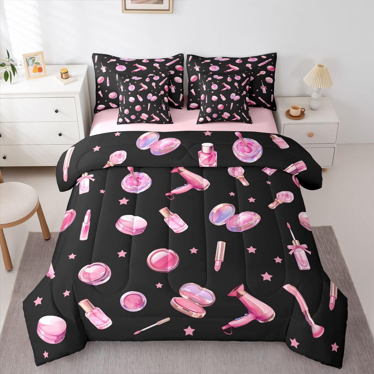 Erosebridal Makeup Tools 7 Piece Bedding Set King Lipstick Comforter Set with Sheets Powder Compact Nail Polish Print Bed in a Bag Stars Makeup Brushes Hair Dryer for Kids Girls Women