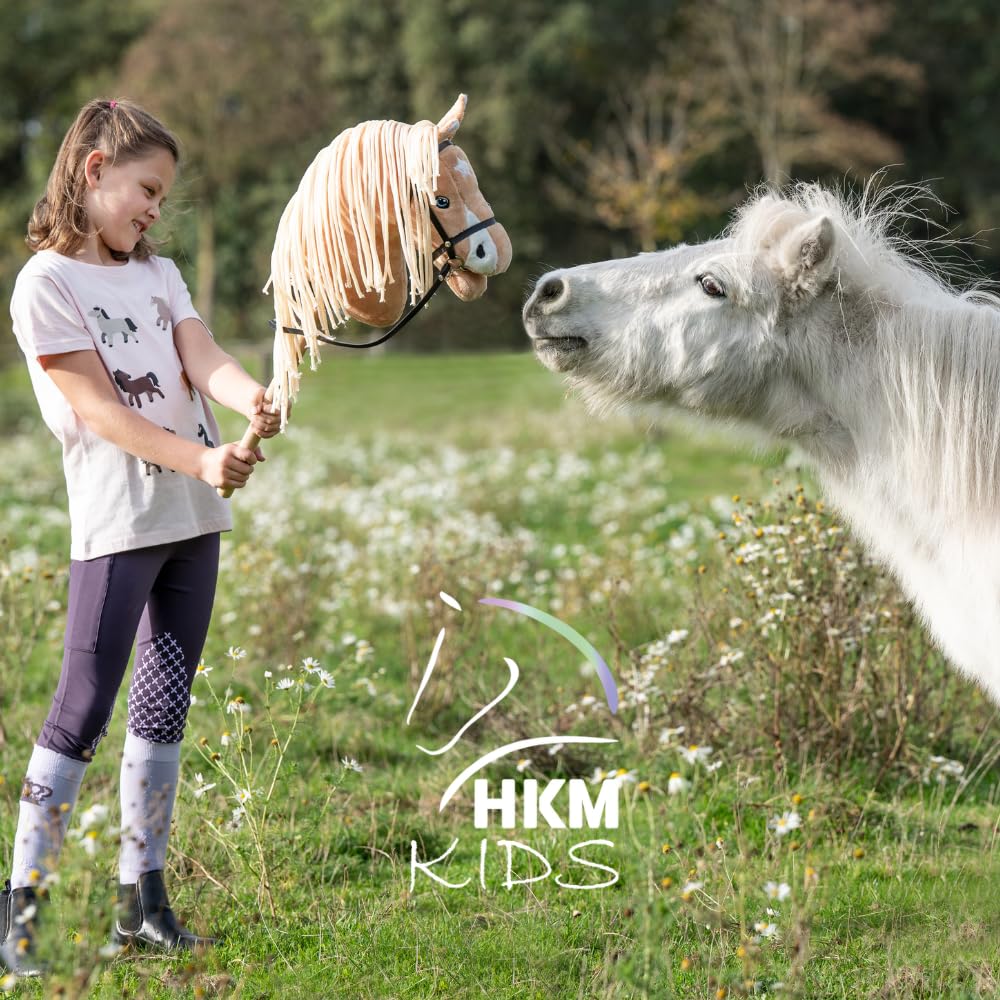 HKM Kids Hobby Horse, Palomino, Beige, mit Halfter und Führstrick in Dunkelblau, Steckenpferd für Kinder, Pferde Spielzeug