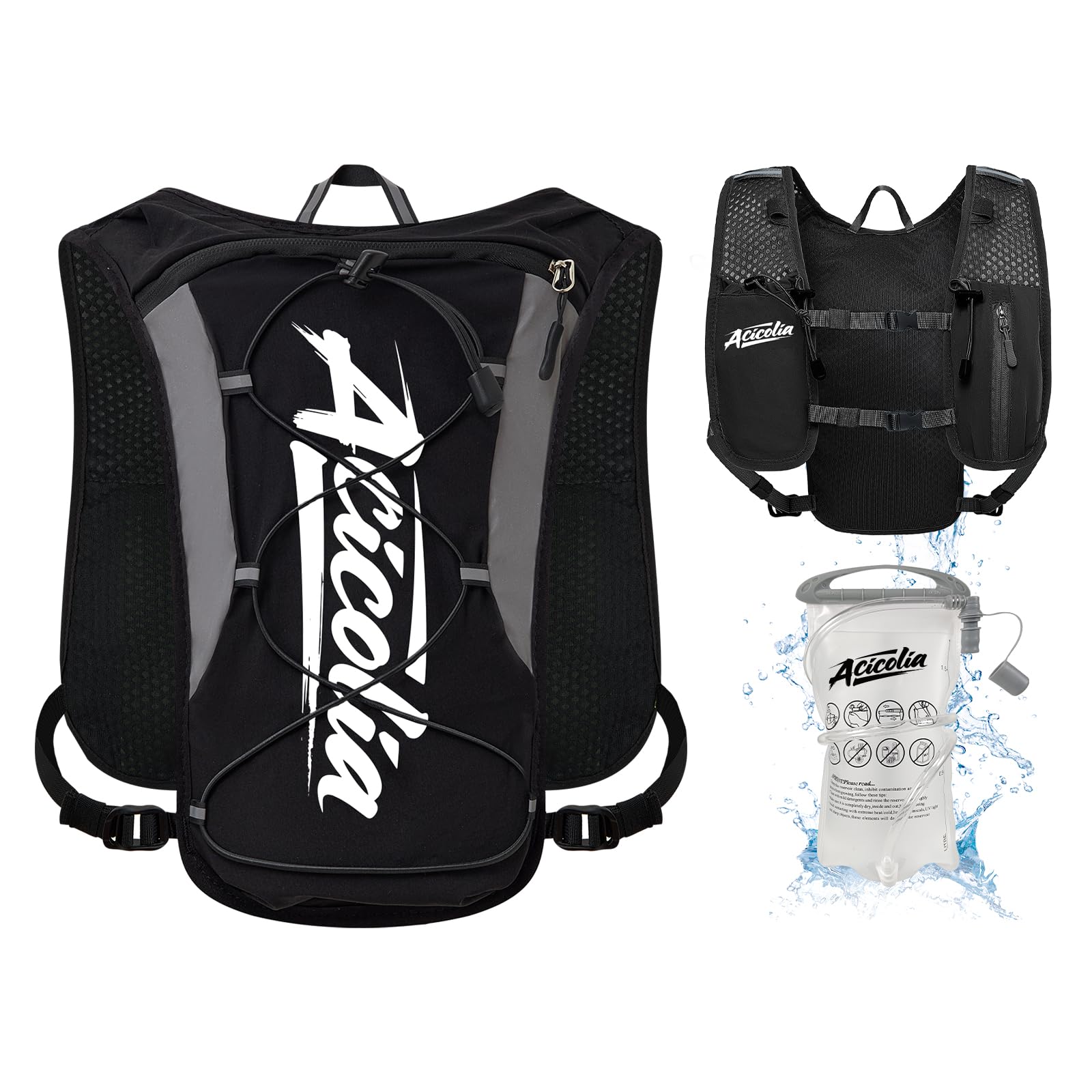 Acicolia Running Vest, Lightweight Hydration Vest for Men Women Breathable & Reflective Running Backpack, With Water Bladder 1500ml ,With Phone Holder & Water Bottle Holder (Black-2, One Size)