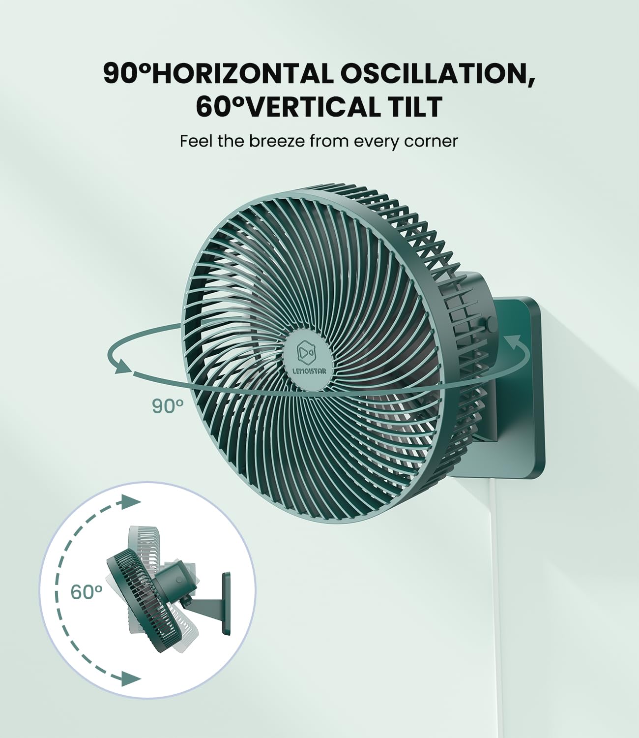 LEMOISTAR Ventilador de pared de 25 cm con mando a distancia, oscilación de 90°, 4 velocidades, 4 temporizadores, inclinación ajustable, cable de 178 cm, silencioso, para dormitorio, garaje