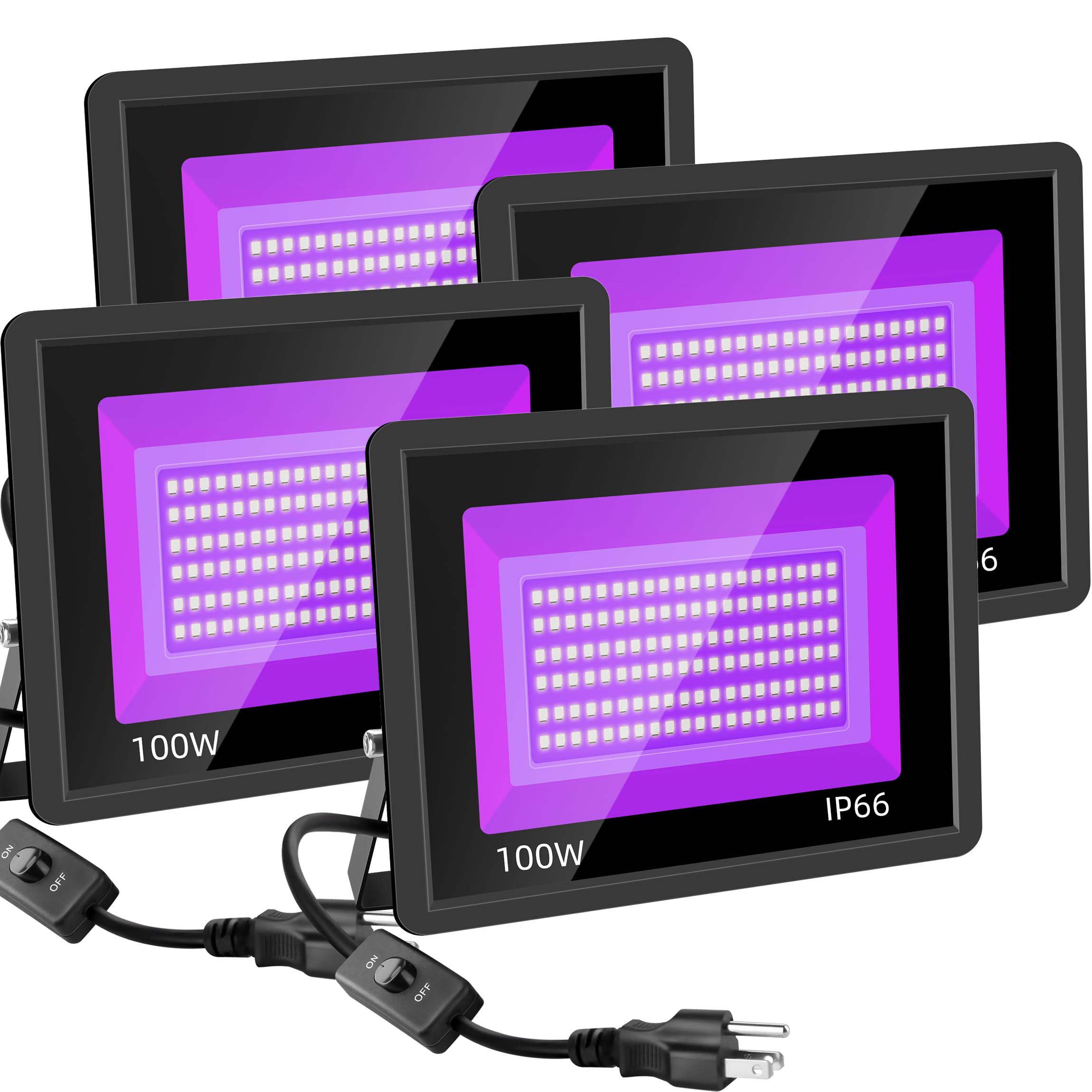 4 Pack 100W LED Schwarzlicht Schwarzlicht Flutlicht mit Stecker und Schalter, IP66 Wasserdicht Schwarzlicht für Halloween Party, Glow in The Dark, Bühnenlicht, Körperfarbe, Neon Glow