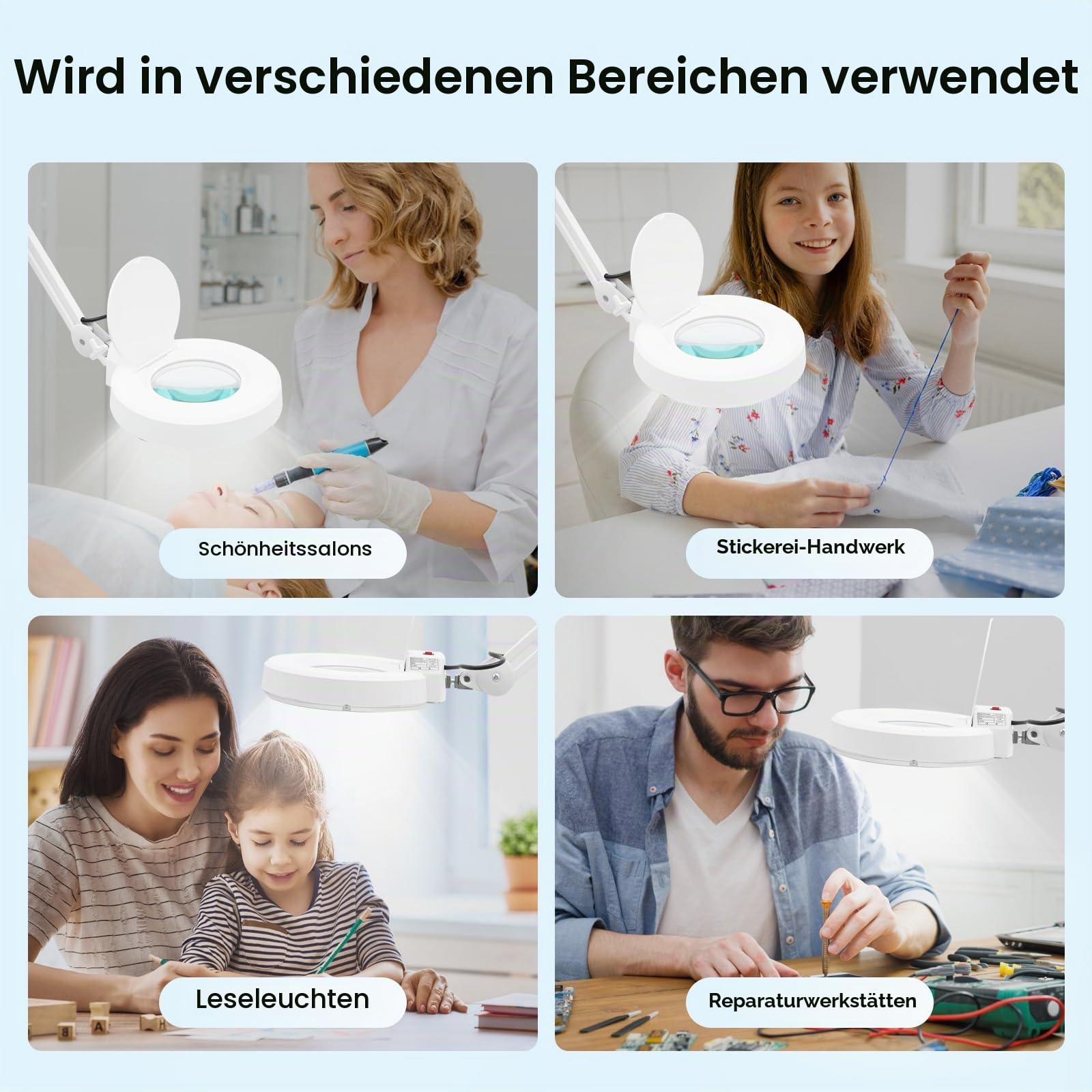 5 Fach Lupen mit 120 LED und ständer Professionelle Kosmetiklampe dreifach kreisförmige Standlupelampe mit Schwenkarm für Arbeit Lesen Nähen Senioren usw