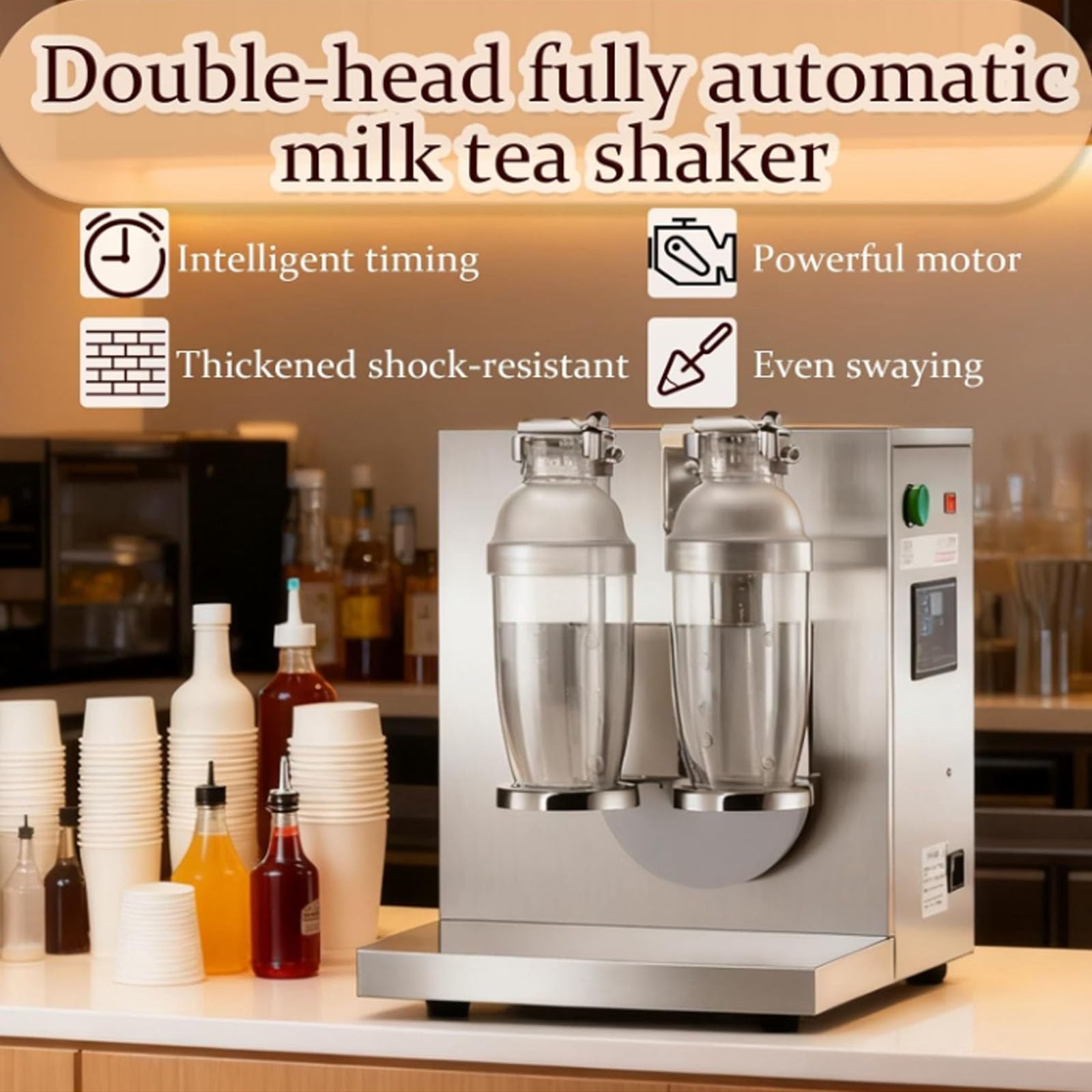 Wytrząsarka do herbaty z mlekiem, automatyczna wytrząsarka do napojów | Elektryczny shaker Bubble Boba z regulowaną prędkością i timerem 0-120 s, zawiera 2 filiżanki, do komercyjnego mieszania