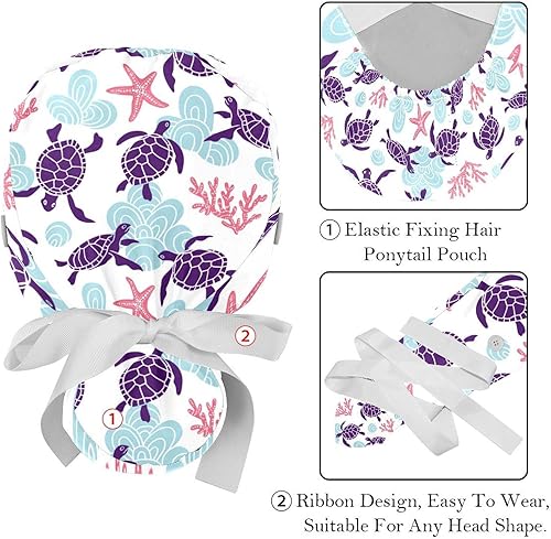 Miniatura 4 de 2 gorras de trabajo para mujer con botón Ocean Turtle cubierta de pelo largo cinta con cordones